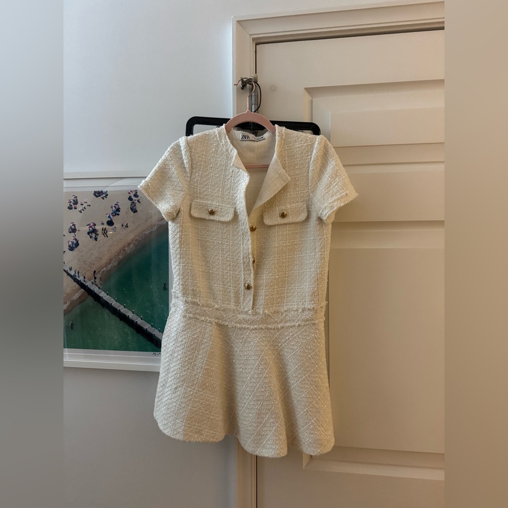 Zara Cream Tweed Short Sleeve Shift Dress with Gold Buttons
